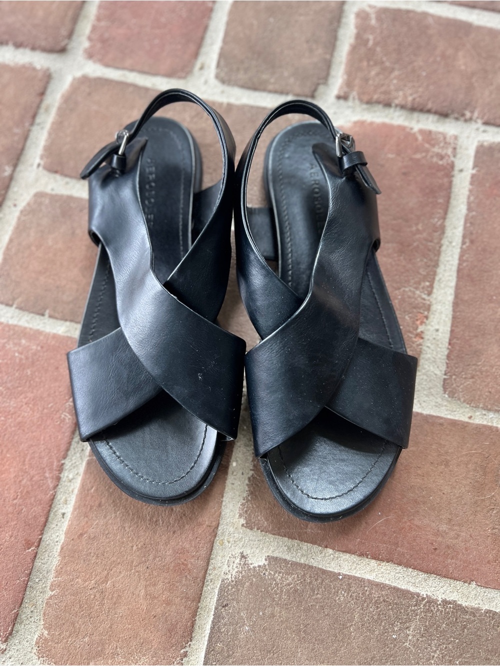 AEROSOLES Black Crisscross Leather Slingback Sandals